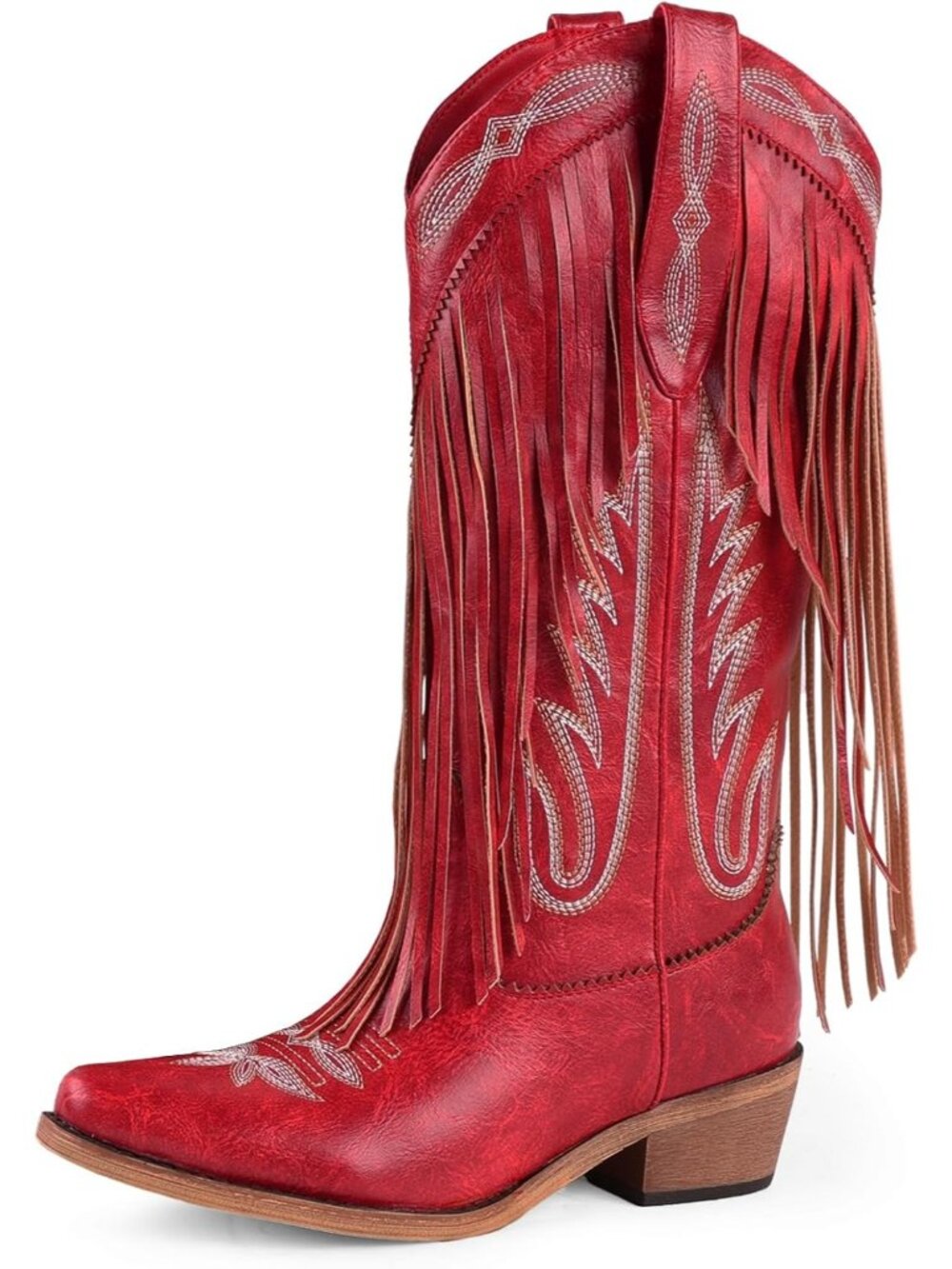 Women's Fringe Red Knee High Heel Boot Faux Fur Pointed Toe Snow Western Boots